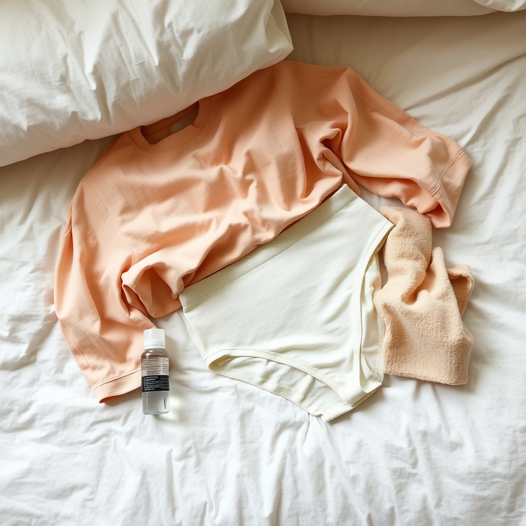 Soft postpartum recovery essentials — loose comfortable clothing, high-waisted underwear, water and a folded muslin on a bed.