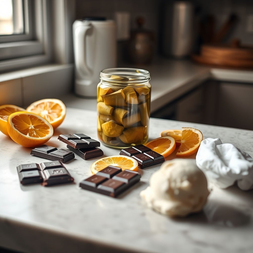 Pregnant woman in cosy kitchen reaching for a jar of pickles + chocolate bar on the counter — warm relatable composition.