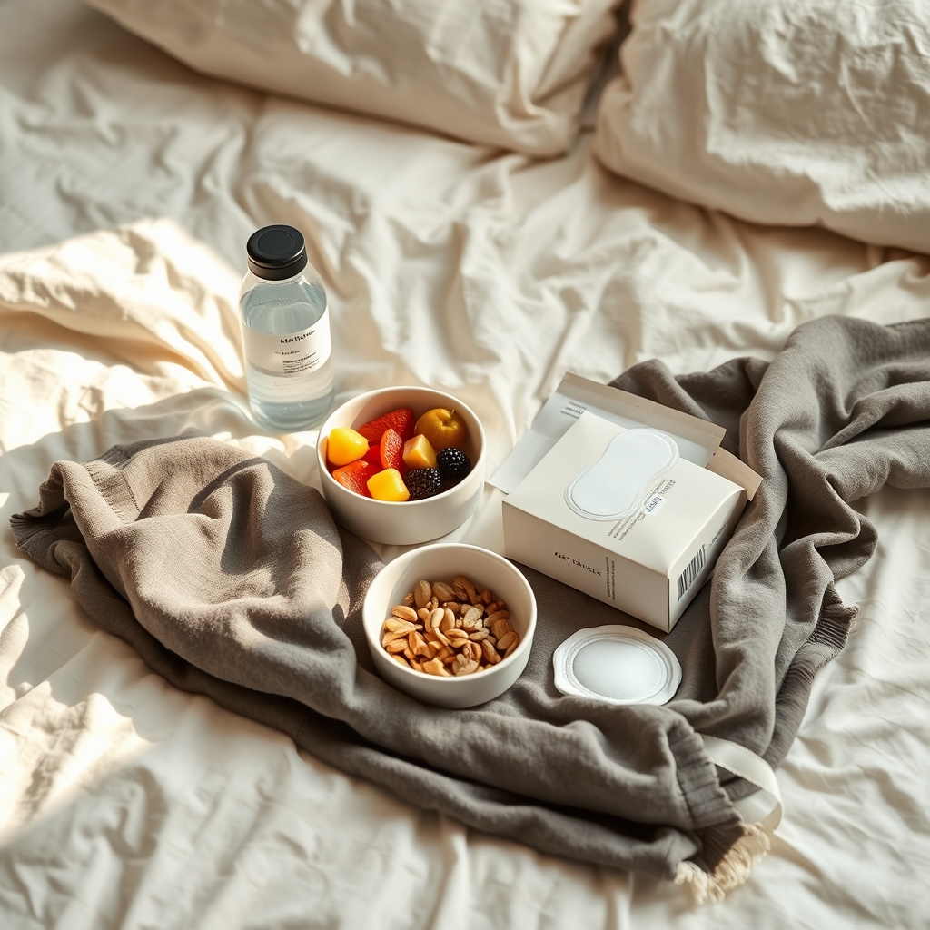 Gentle postpartum self-care essentials — water, healthy snacks, maternity pads and a cosy blanket on a softly lit bed.