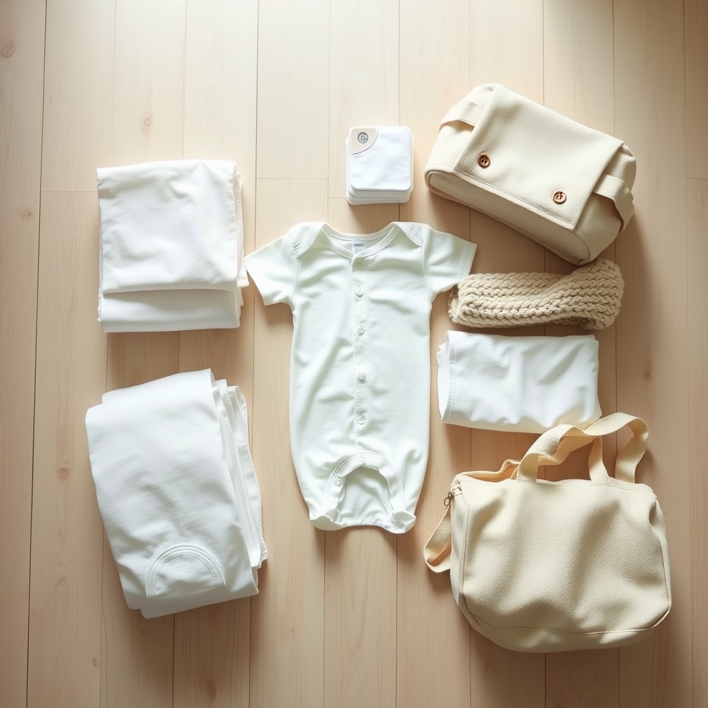 A neatly organised baby-prep flat-lay — folded newborn clothes, nappies, muslins, a soft blanket and a packed bag.
