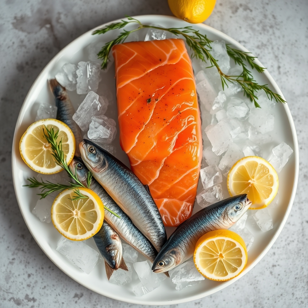 Variety of pregnancy-safe fish — salmon, sardines, mackerel + cod — arranged on ice with lemon wedges + dill garnish.