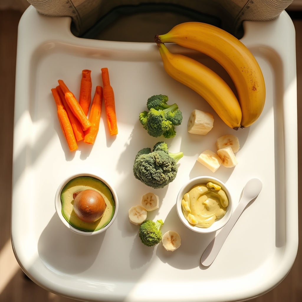 Colourful first weaning foods — soft vegetable sticks, mashed avocado, banana and a baby spoon on a high-chair tray.