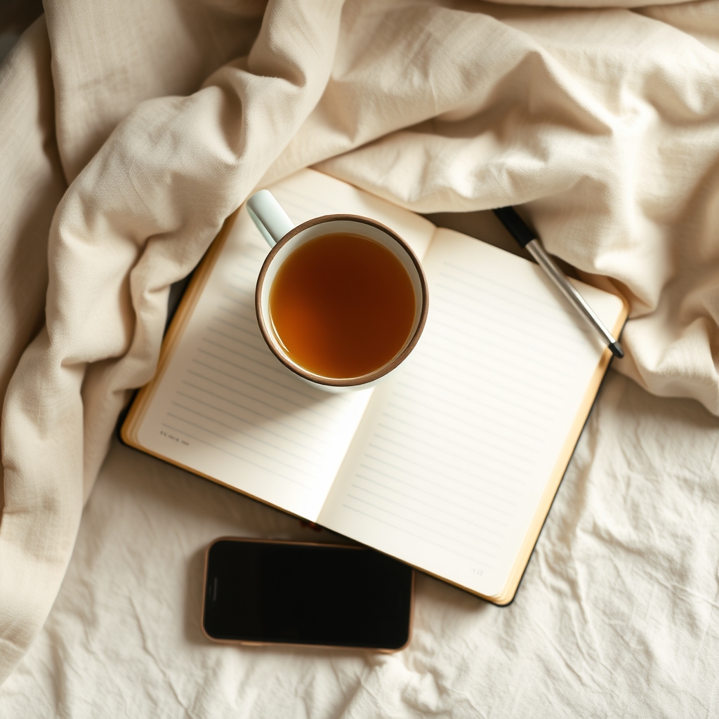 A calm, reassuring still life — a cup of herbal tea, a notebook and a phone on a soft blanket, suggesting checking in on pregnancy symptoms.