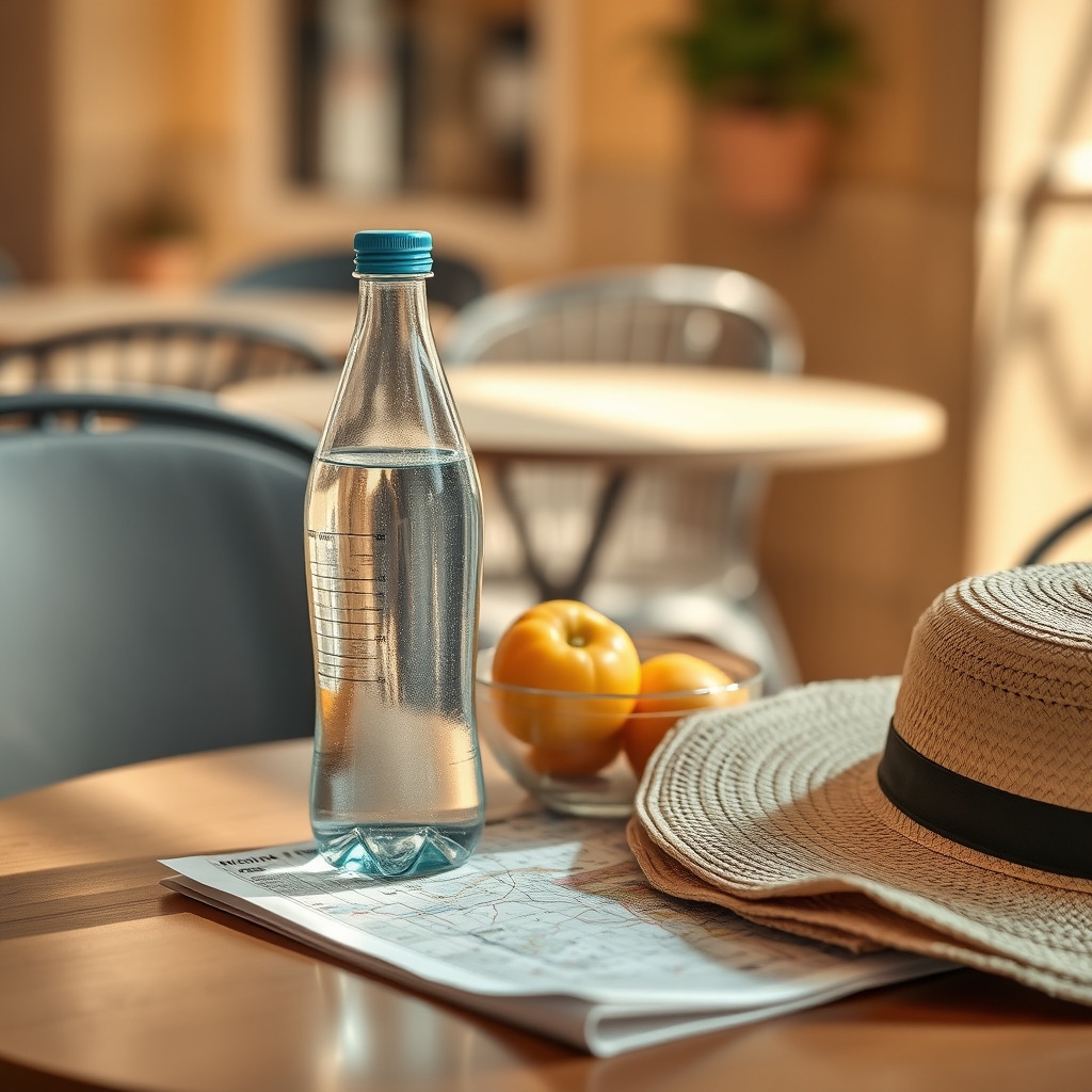 Pregnant traveller at an outdoor restaurant — sealed bottled water, freshly grilled food, smiling — sunny destination setting.