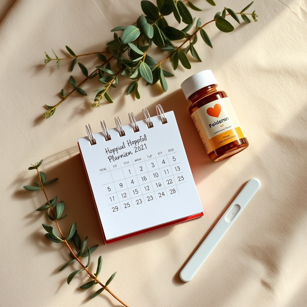 Conception-planning essentials — an ovulation calendar, a folic acid supplement bottle and an ovulation test on a soft surface.