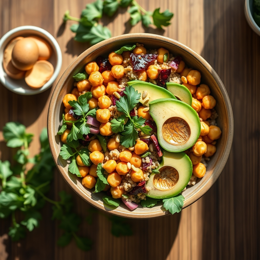 Pregnant woman preparing a plant-based meal — colourful vegetables, dal, tofu, leafy greens on the counter.